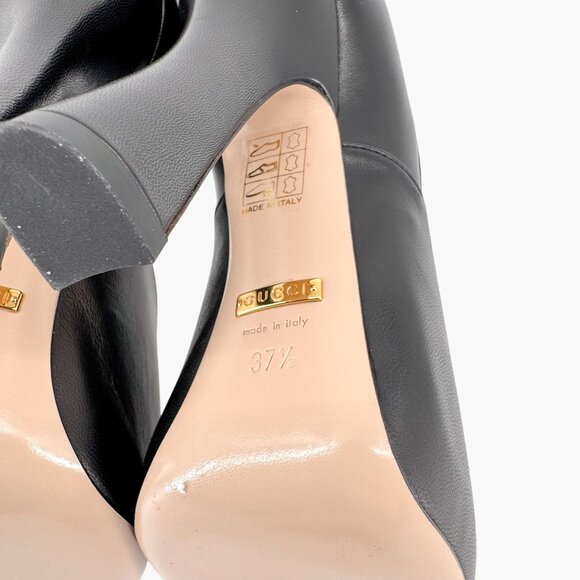 Gucci Lesley Mary Jane Pumps Size 37.5  US 7.5 Black Leather High Heel GG Pearl - Picture 13 of 15